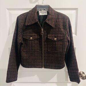 International Scene Brown Plaid Wool Blend Cropped Zip Jacket